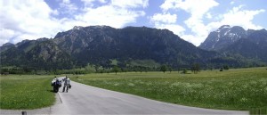 The Tegelberg tram is up the road, hang gliding launch at the top of the range and off to the right, the shrouded News Castle.